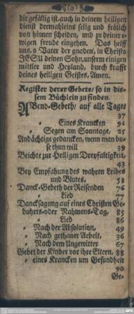 Register derer Gebete, so in diesem Büchlein zu finden
