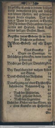 Register derer Gebete, so in diesem Büchlein zu finden