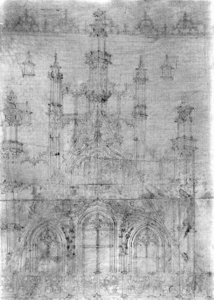 Gent, Stadhuis (Rathaus), Plan II, Nord-Front, Detail oberstes Geschoss des mittleren Giebels