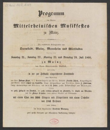 Programmheft für die beiden großen Konzerte des Vierten Mittelrheinischen Musikfests