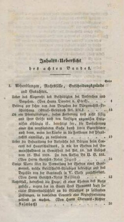 Inhalts-Uebersicht des achten Bandes