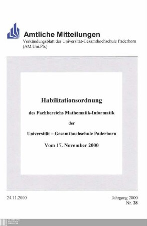 Habilitationsordnung des Fachbereichs Mathematik-Informatik der Universität - Gesamthochschule Paderborn : Vom 17. November 2000