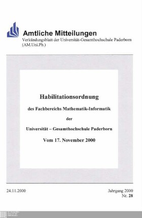Habilitationsordnung des Fachbereichs Mathematik-Informatik der Universität - Gesamthochschule Paderborn : Vom 17. November 2000