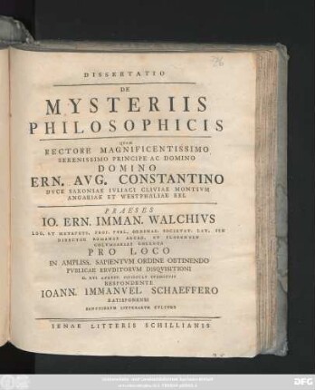 Dissertatio De Mysteriis Philosophicis