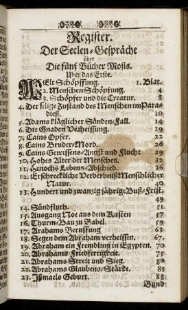 Register. Der Seelen-Gespräche über Die fünf Bücher Mosis.