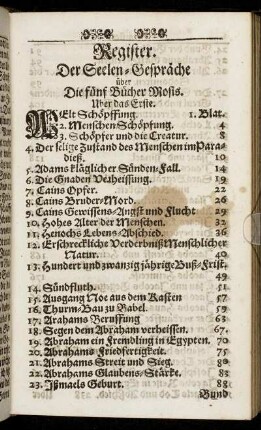 Register. Der Seelen-Gespräche über Die fünf Bücher Mosis.