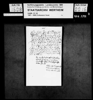 Johann Philipp Fribig und Georg Fridrich zu Remlingen (Remblingen) verkaufen an Graf Maximilian Karl zu Löwenstein 11 Ruthen Wiesen im Steinert und 17 Ruthen Gehölz um 16 Gulden 15 Kreuzer.