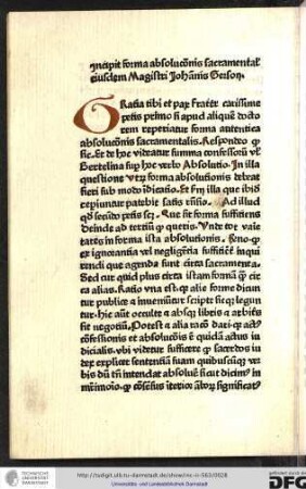 Incipit forma absolutionis sacramentalis eiusdem magistri Johannis Gerson.