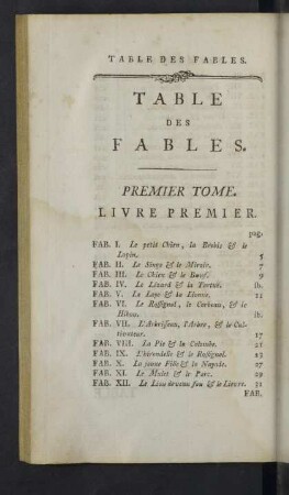 Table des Fables. Premier Tome.