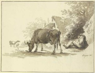 Ruhender Hirt mit einer Kuh vor einem Haus