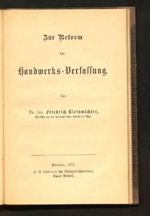Zur Reform der Handwerks-Verfassung