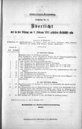 Übersicht der in der Sitzung gefaßten Beschlüsse (25), 09. Februar 1911