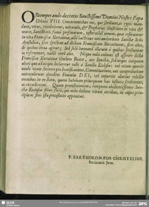 Obtemper ando Dectries Sanctissimi Domini Nostfi Papae Urbani VIII.