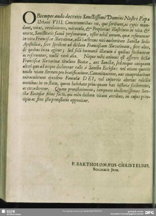 Obtemper ando Dectries Sanctissimi Domini Nostfi Papae Urbani VIII.