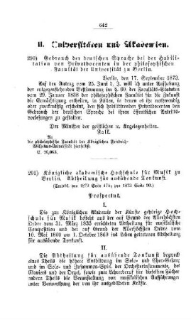 Gebrauch der deutschen Sprache bei der Habilitation von Privatdocenten in der philosophischen Facultät der Universität zu Berlin : [II. Universitäten und Akademien]
