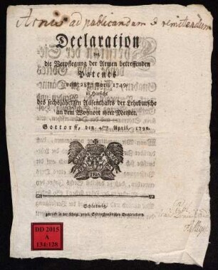 Declaration des, die Verpflegung der Armen betreffenden Patents vom 28sten April 1749, in Hinsicht des sechsjährigen Aufenthalts der Lehrbursche an dem Wohnort ihrer Meister : Gottorff, den 4ten April, 1792