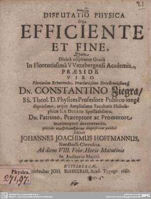 Disputatio Physica De Efficiente Et Fine