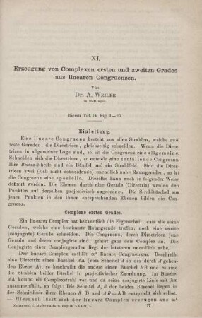 XI. Erzeugung von Complexen ersten und zweiten Grades aus linearen Congruenzen.