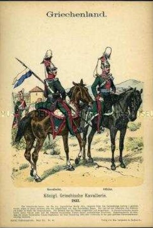 Uniformdarstellung, Gemeiner und Offizier des Kavallerie-Regiments, Königreich Griechenland, 1832.