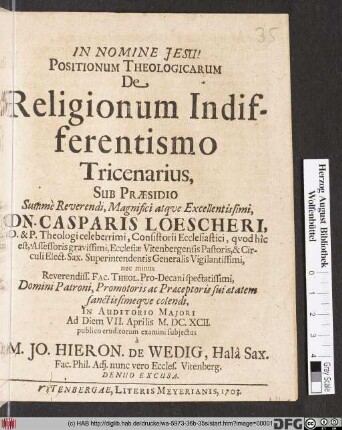 Positionum Theologicarum De Religionum Indifferentismo Tricenarius