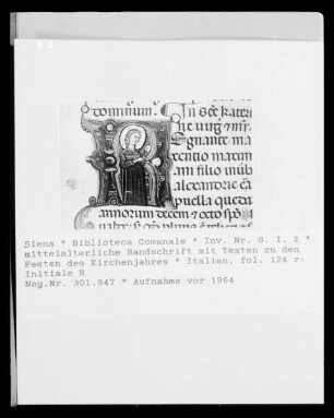 mittelalterliche Handschrift mit Texten zu den Festen des Kirchenjahres — Initiale R, Folio fol. 124 r