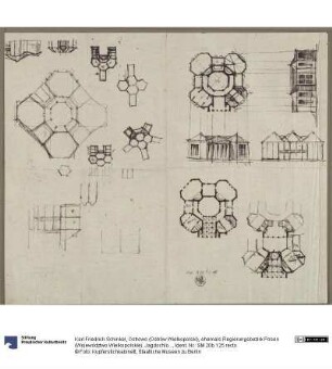 Ostrowo (Ostrów Wielkopolski), ehemals Regierungsbezirk Posen (Województwo Wielkopolskie). Jagdschloss Antonin (?). Entwurf zu einem Privathaus, dessen Räume sich um einen achteckigen Kern legen