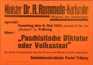 Versammlung des SPD-Ortsvereins Triberg: Faschistische Diktatur oder Volksstaat