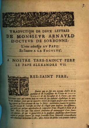 Traduction de deux lettres de Mr. Arnauld, l'une adressée au Pape et l'autre à la Faculté 26. Aoust et le dernier jour de Nov. 1655