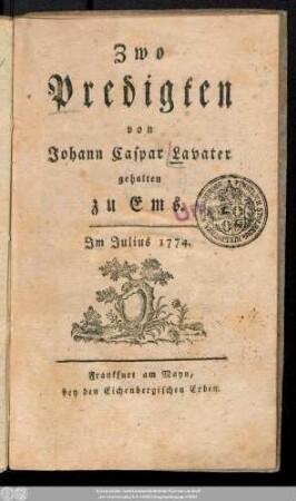 Zwo Predigten : Im Julius 1774.