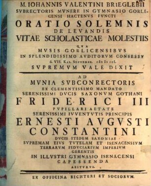 Oratio sol. de levandis vitae scholasticae molestiis