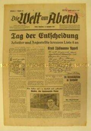 Berliner Abendzeitung "Die Welt am Abend" u.a. mit einem Aufruf von Ernst Thälmann zur Reichstagswahl 1930
