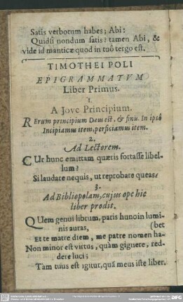 Timothei Poli Epigrammatum Liber Primus