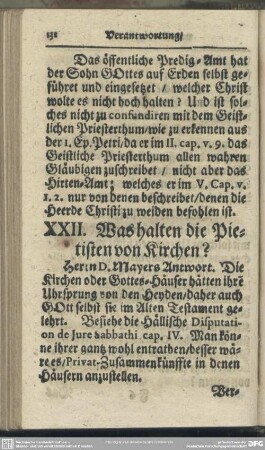 XXII. Was halten die Pietisten von Kirchen?