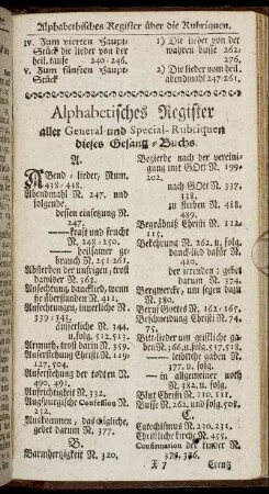 Alphabetisches Register aller General- und Special-Rubriquen dieses Gesang-Buchs.