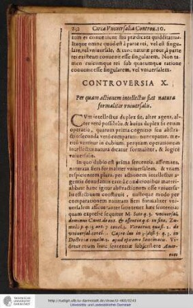 CONTROVERSIA X. Per quam actionem intellectus fiat natura formaliter vniuersalis.