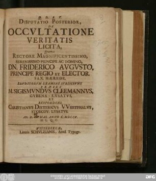 Disputatio Posterior, De Occvltatione Veritatis Licita