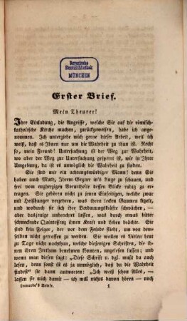 Leonardo's freundschaftliche Briefe über die Angriffe, welche seit mehr als dreihundert Jahren der römisch-katholischen Kirche von den Protestanten gemacht werden : eine zeitgemässe Lesefrucht, 1. 1. - 6. Brief