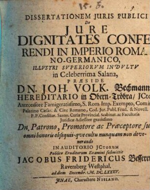 Diss. iuris publ. de iure, dignitates conferendi in imperio Romano-Germanico