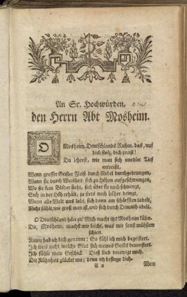An Sr. Hochwürden, den Herrn Abt Mosheim. - Der Aberglaube.