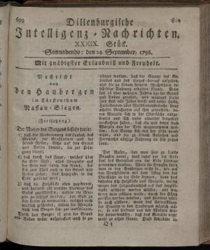 XXXIX. Stück. Sonnabends: den 24. September 1796.