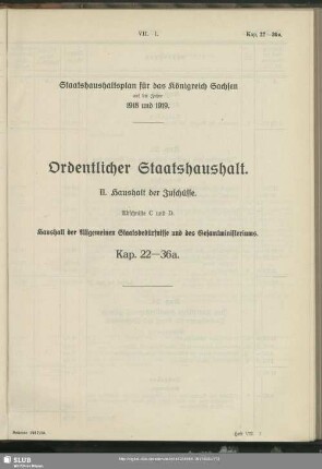 II. Haushalt der Zuschüsse. Abschnitt C und D. Haushalt der Allgemeinen Staatsbedürfnisse und Etat des Gesamtministeriums. Kap. 22-36a