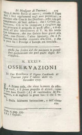 N. XXXIV. Osservazioni di Sua Eccellenza il Signor Cardinale di Tournon sopra l' editto delli 27. Decembre 1707.