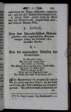 3. Articul. Von den Uncatholischen Scheingründen, und ungründlichen Einwendungen wider die Römisch-Catholische Kirche.