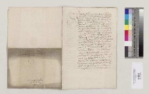 Wolf Perner zu Schwabelweis bestätigt Abt Hieronymus [II. Feury] von St. Emmeram die Verleihung eines Weingartens in Schwabelweis zu Erbrecht. S: Melchior Sturm, Kanzler zu St. Emmeram