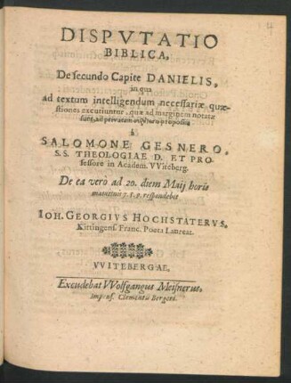 Disputatio Biblica, De secundo Capite Danielis : in qua ad textum intelligendum necessariae quaestiones excutiuntur, quae ad marginem notatae sunt