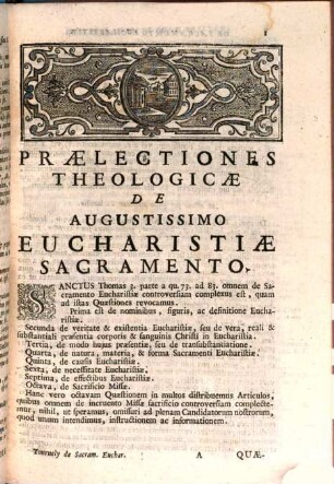 Praelectiones Theologicae, De Augustissimo Eucharistiae Sacramento