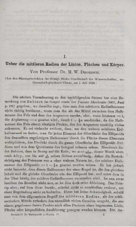 I. Ueber die mittleren Radien der Linien, Flächen und Körper.