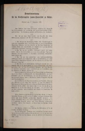 Promotionsordnung für die Großherzogliche Landes-Universität zu Gießen : Entwurf vom 17. November 1896