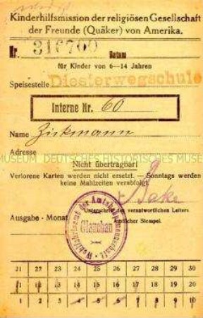 Teilnehmerkarte für die "Quäkerspeisung"