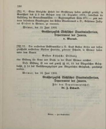 72. Ministerialbekanntmachung, betreffend die Genehmigung der Gustav Kühnschen Stiftung für Arme und Sieche in der Stadt Weimar